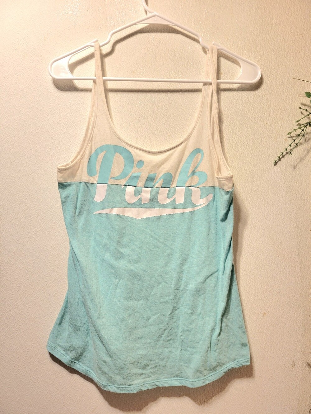 PINK Victoria's Secret Aqua and White Logo Scoop Tank